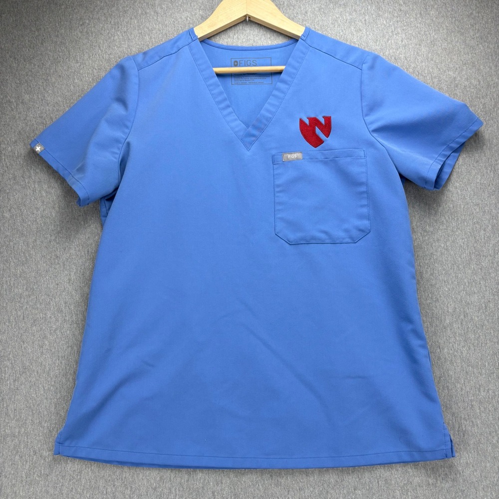 FIGS Technical Collection Catalina Scrub Top Womens M Blue Red N Logo comfort‎